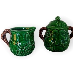 Vintage 1983 Haldon Group Porcelain Green Strawberry Floral sugar and cream set